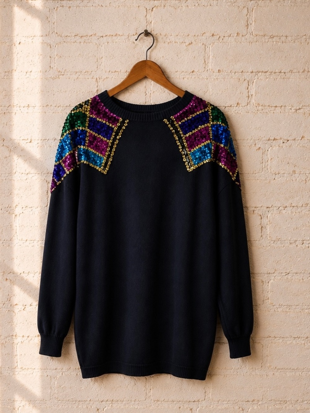 Vintage 80s Whimsigoth Sequin Geometric Knit Sweater 1X